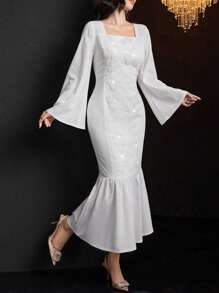 Modelyn Women's Solid Color Square Neck Floral Applique Elegant Long Sleeve Dress