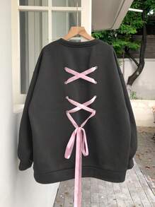 DAZY 1pc Women's Tie-Wrap Decor Core Black & Pink Sweatshirt - Dark Grey - View 2
