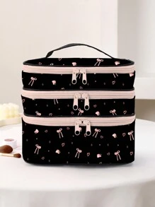 Trape Graphic Bolsa de cosméticos con patrón de rosa y moño estilo Kawaii de 3 capas, con forma cuadrada para maquillaje, ideal para vacaciones, Año Nuevo y Día de San Valentín