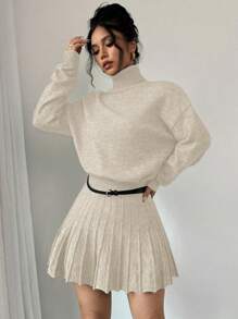 Chiquease 2pcs Set Of Solid Color Loose Pleated Skirt And Turtleneck Sweater Casual Suit