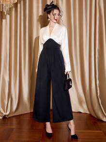 Vintamour Mono vintage elegante de mujer con cuello en V, manga larga, fruncido, empalme de color y satén, mono casual suelto de pierna para trabajo y vacaciones, ropa de invierno para mujer, conjunto de mujer, atuendo de Acción de Gracias, atuendo de invierno, ropa de Navidad, vestido de manga larga para fiesta de Navidad, vestido de Navidad, ropa de Navidad, ropa de iglesia para mujer, mono de mujer, vestido de Nochevieja, vestido de Acción de Gracias, vestido de vacaciones, vestido de invierno - Blanco y Negro - Ver 2
