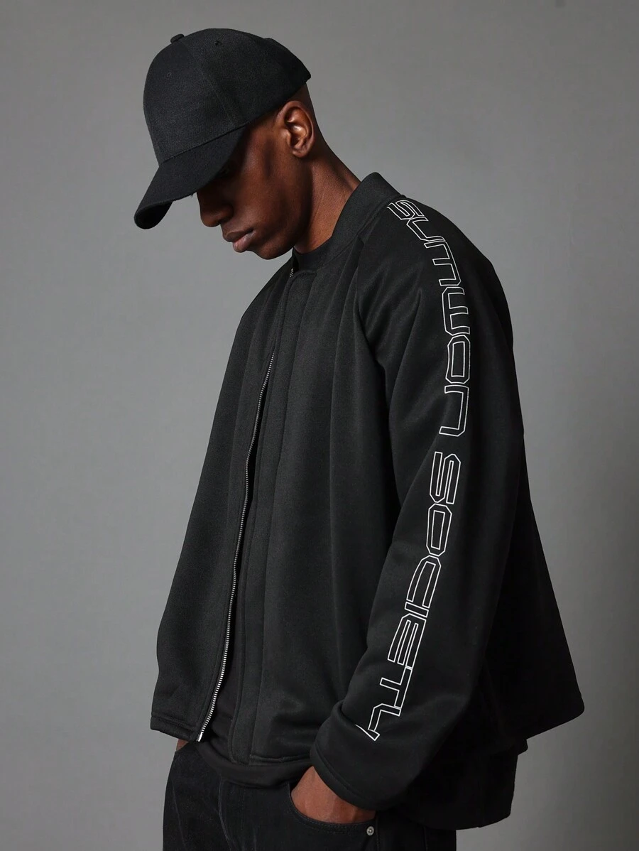 SUMWON Oversized Zip Up Athletic Sweatshirt Sleeve Logo Print Streetwear Training Workout Winter Fall Sports Casual Daily Wear Urban Fashion Outerwear