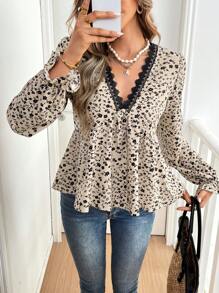 SHEIN Frenchy Áo Babydoll ren tay loe họa tiết hoa cổ chữ V thanh lịch cho nữ khi đi nghỉ - Nhiều màu - Xem 1