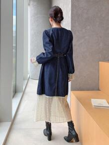 DAZY Women Lace Patchwork Front Button Long Sleeve Casual Denim Dress, Everyday Wear,Fall Clothes