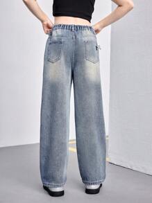 Girls Loose Washed Denim Wide Leg Jeans With Cute Silver Butterfly Decor, Versatile All-Match Casual Fashion Item For All Year Round - Medium Wash - View 3