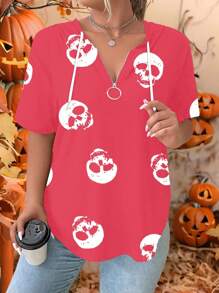 SHEIN LUNE Plus Size Women Halloween Skeleton Print Zip-Up Half Placket Short Sleeve Hooded T-Shirt