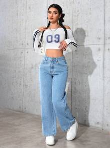 SHEIN PETITE Quần Jeans Ống Thẳng Túi Rộng Đơn Giản Đa Năng Cho Nữ - Rửa nhẹ - Xem 2