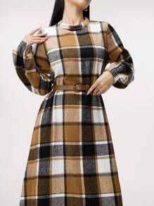 Mulvari Women's Retro Plaid Cinched Waist Long Sleeve Modest Dress, Autumn - Khaki - View 4