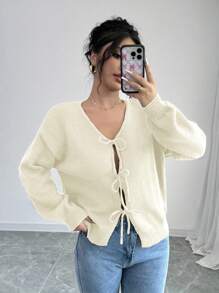 SHEIN Unity 女士休闲纯色前系带落肩开衫，秋冬季长袖上衣 - 杏色 - 查看 5