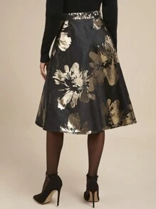 SHEIN Clasi 1 件女士优雅时尚百搭黑色和金色 A 字中裙，适合外出和聚会，秋冬季 - 黑色 - 查看 4