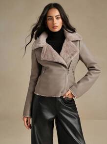 Anewsta 1pc Women Black PU Leather Composite Imitation Rabbit Fur Collar Jacket