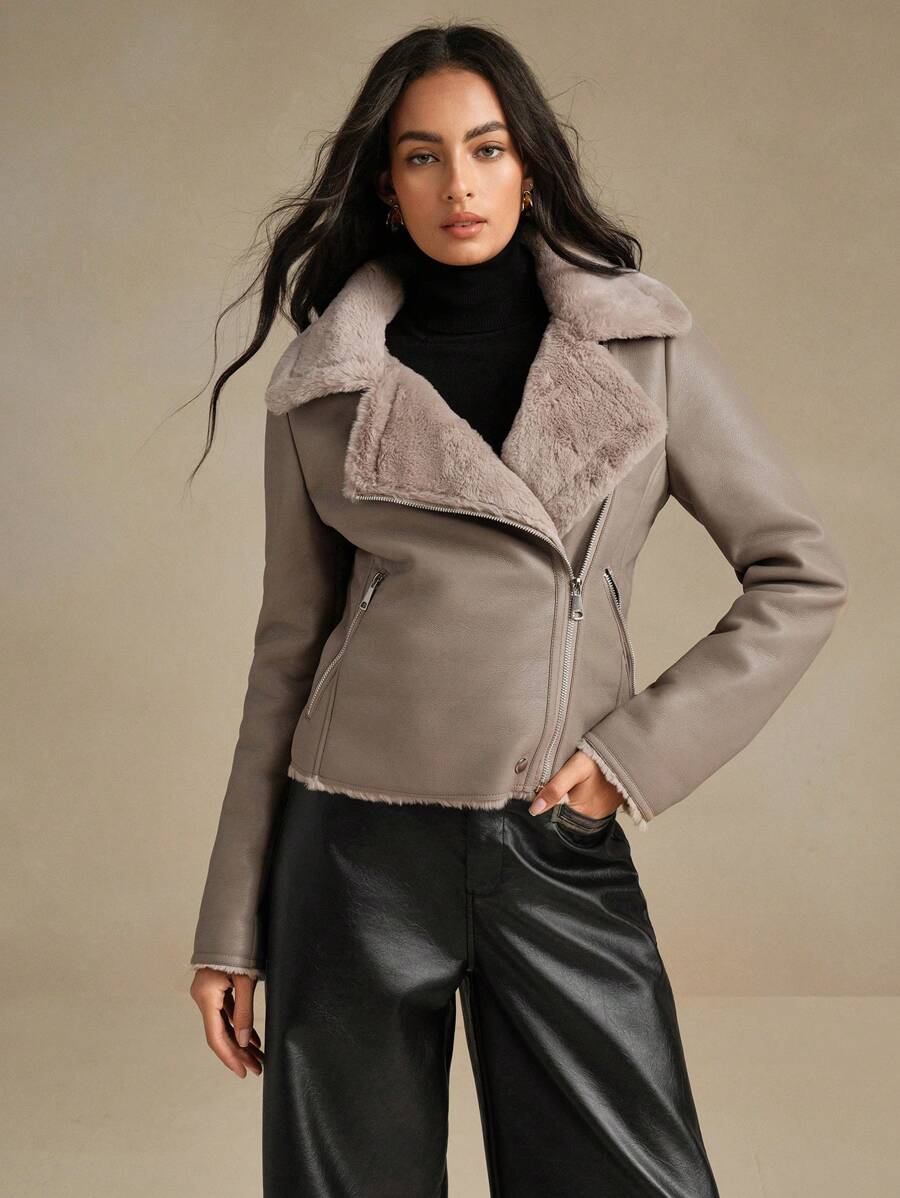 Anewsta 1pc Women Black PU Leather Composite Imitation Rabbit Fur Collar Jacket