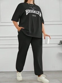 SHEIN Cottnline 100%Cotton Cottonline Solid Color Printed T-Shirt & Sweatpants - Black - View 5