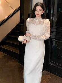 DAZY Contrast Lace Stand Collar Lantern Sleeve Mid-Length Dress For Women, Birthday, New Year Eve Prom Dress Elegant,Fall Clothes Long Sleeve Dress