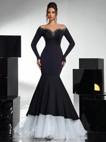 Glamrae Elegant Black Mesh Inset Bodice, Luxuriously Embellished With Rhinestones, Fitted Silhouette, Fishtail Mesh Hem, Black & White Contrast Gothic Informal Wedding Gown, Formal Evening Dress, Long Sleeve Prom Dress, For Wedding Guest, Graduation, Dinner, Party Dress