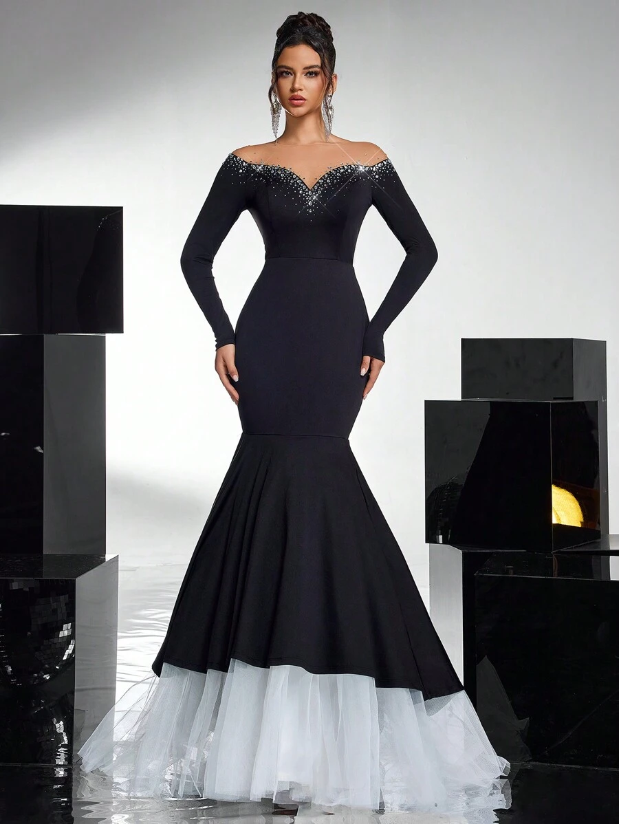 Glamrae Elegant Black Mesh Inset Bodice, Luxuriously Embellished With Rhinestones, Fitted Silhouette, Fishtail Mesh Hem, Black & White Contrast Gothic Informal Wedding Gown, Formal Evening Dress, Long Sleeve Prom Dress, For Wedding Guest, Graduation, Dinner, Party Dress