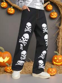 Manfinity NXTstreet Men's Loose Straight Skull Print Woven Pants - Black - View 1