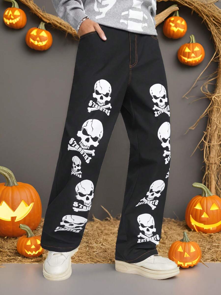 Manfinity NXTstreet Men's Loose Straight Skull Print Woven Pants - Black - View 1