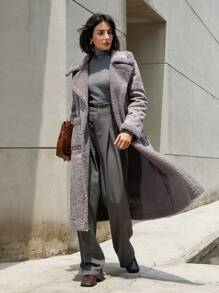 EMERY ROSE Áo khoác cổ lông cừu chắp vá giả da lộn cỡ lớn thời trang dành cho nữ - Xám - Xem 4