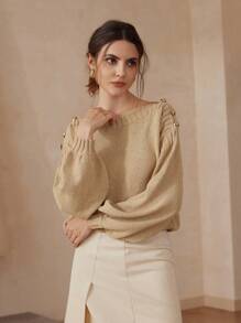 Femmeiva 1pc Women Metal Button Decor Knitted Pullover Sweater, Autumn, Fall Winter - Khaki - View 5