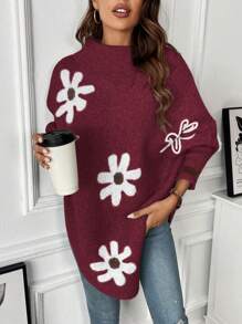 Chiquease Floral Print Asymmetric Hem Stand Collar Long Sleeve Sweater