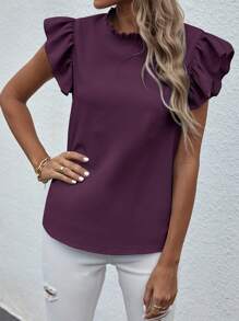 Breezaya Solid Color Ruffle Collar Short Sleeve Elegant Blouse