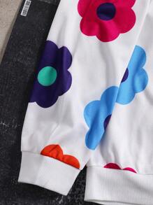 2 件套青少年男孩卡通花卉印花连帽衫和裤子套装，秋季 - 白色 - 查看 6