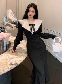 DAZY Color Block Ruffle Collar Bow Decor Women's Midi Dress, Birthday ,New Year Eve Prom Dress,Fall Clothes - Black - View 5