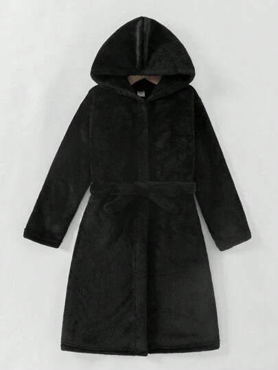 Boys' Solid Black Simple Fashionable Long Sleeve Long Hooded Tie-Waist Bathrobe Loungewear