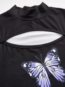Tween Girls Digital Butterfly Print Knit Long Sleeve Fitted Casual Dress, Autumn Spring - Black - View 5