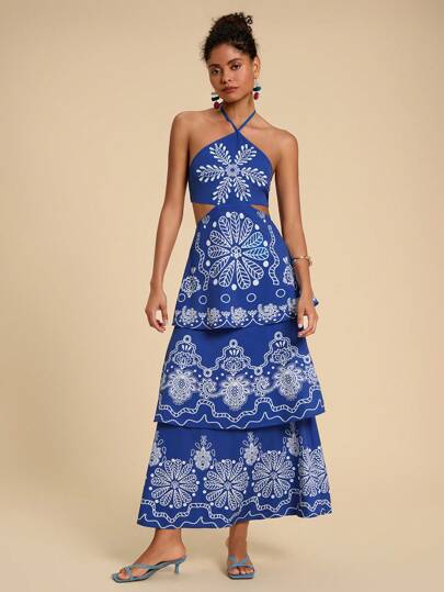 Travachic 1pc Women's Vacation Chiffon Blue Floral Print Backless Halter Dress,Summer Dresses For Women, Bohemian Outfits, Ibiza Outfits, Western Style