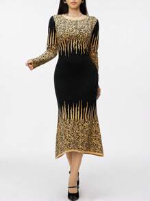 Modelyn Women Elegant Gold Trim Pattern Waisted Mermaid Hem Sweater Dress - Black - View 7