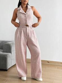 Flirla Plus Size Autumn/Winter Sleeveless Open Front Button Chunky Knit Pinkish White Contrast Color Vest And Pants Casual Work Party Date Elegant Suit Set - Pink - View 3