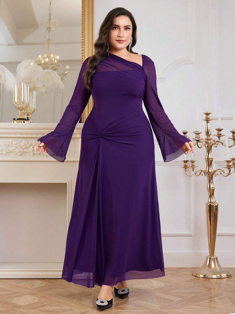 Modelyn Plus Size Solid Color Asymmetrical Collar Mesh Splice Elegant Long Sleeve  Dress Long Evening Dresses | SHEIN USA