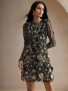 Anewsta Women Floral Embroidered Mesh Round Neck Elegant Long Sleeve Short Mini Dress