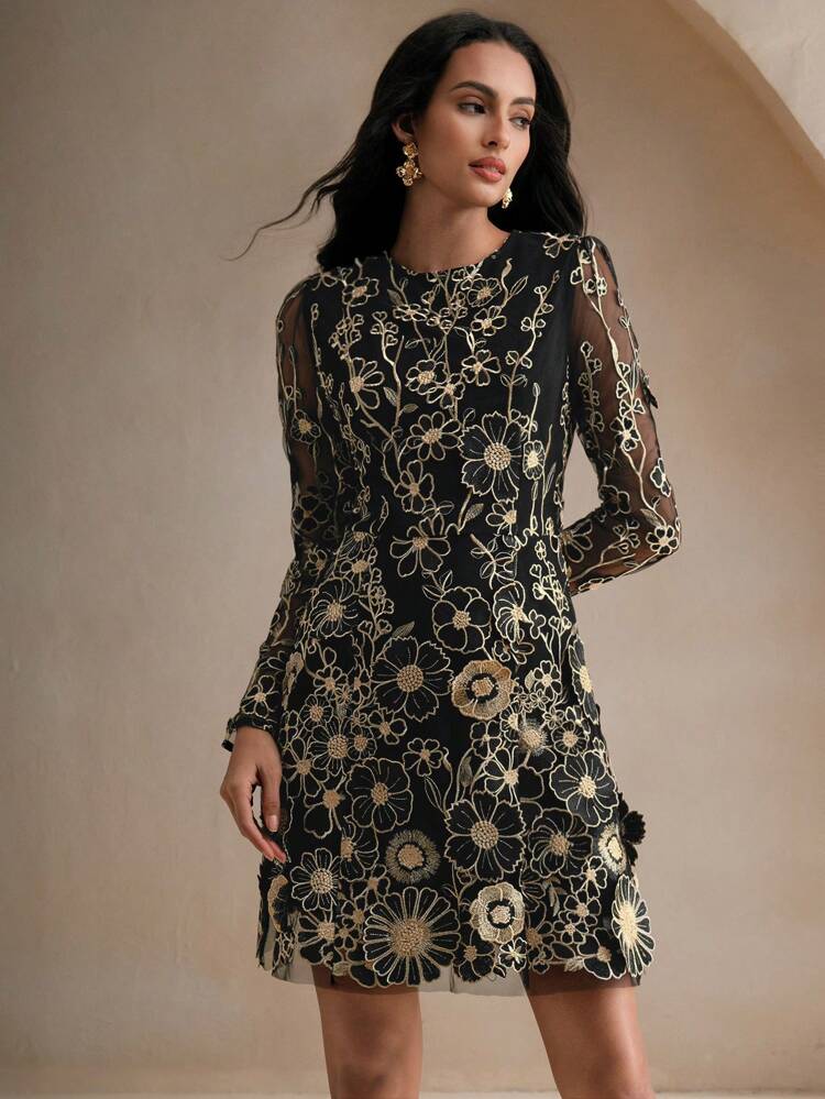 Women Floral Embroidered Mesh Round Neck Elegant Long Sleeve Short Mini Dress