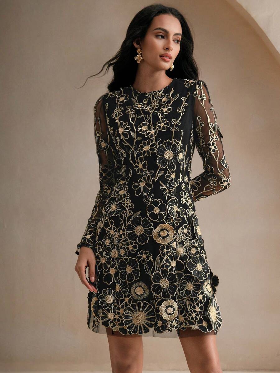 Anewsta Women Floral Embroidered Mesh Round Neck Elegant Long Sleeve Short Mini Dress