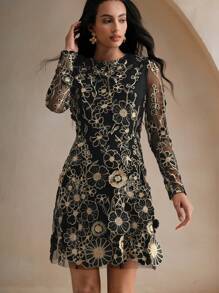 Anewsta Women Floral Embroidered Mesh Round Neck Elegant Long Sleeve Short Mini Dress