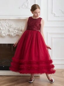 SHEIN Tween Girl 2024 新款圣诞闪亮网眼撞色下摆圆领无袖长裙，亮丽公主礼服，适合钢琴演奏 - 紅色 - 查看 1