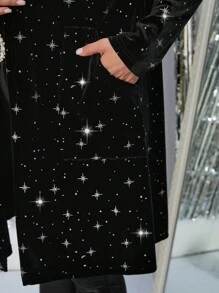 SHEIN Clasi Plus Size Velvet Star Pattern Pocket Decor Elegant Jacket, Suitable For Party And Dates Winter Fall Autumn - Black - View 4