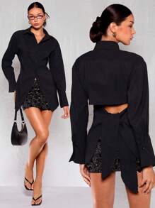 Glamine 落肩斜领系带女式衬衫