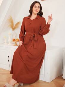 Mulvari 纯色针织长裙，秋冬保暖 - 棕色 - 查看 5