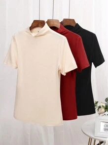 Chiquease Women Casual Solid Color Stand Collar Short Sleeve T-Shirt, Versatile For Autumn/Winter