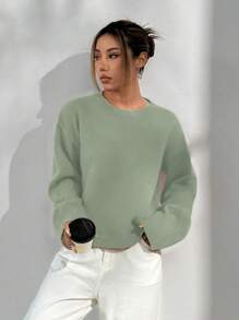 Flirla 女士休闲日常宽松纯色套头毛衣，秋冬 - 綠色 - 查看 5