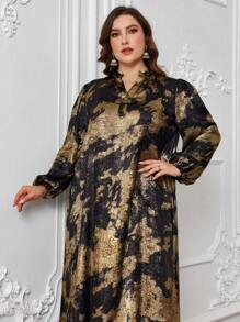 Al Najma Vestido de manga larga con estampado de grabado en caliente en estilo árabe, vestido largo modesto y casual tipo jalabiya, para fiestas de noche/invitado de boda/aniversario en talla grande - Multicolor - Ver 4