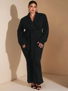 SHEIN BAE Chaqueta de traje de manga larga con cintura anudada, elegante y de talla grande, para otoño e invierno, Navidad, Acción de Gracias, fiestas, blazers de mujer de talla grande, estilo casual de negocios, traje, vestimenta formal, abrigo de piel, traje de trabajo, elegante, blazer curvo largo, blazer de frente abierto