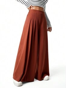 SHEIN Teen Girls Elegant Pleated Wide Leg Pants - Burgundy - View 3