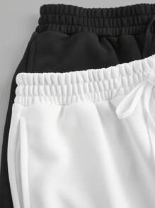 SHEIN EZwear 2 件套女士休闲纯色阔腿运动裤 - 黑與白 - 查看 8
