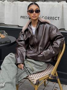 Muchica 全新棕色美国复古水洗 PU 可拆卸蓬松领女士夹克，秋冬 - 咖啡棕 - 查看 5