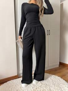 SHEIN EZwear 2pcs Women Autumn Solid Color Boatneck Fitted Top And Pants Set - Black - View 5